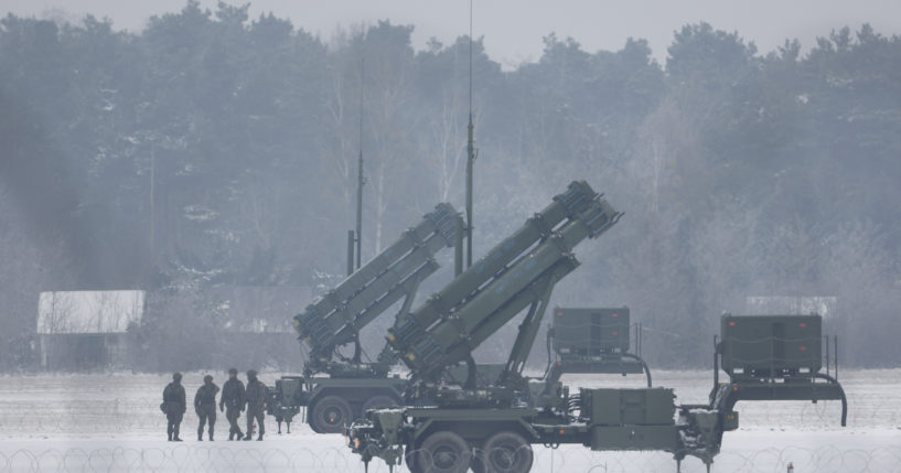 Patriot missile launchers acquired from the U.S. are seen in Warsaw on Feb. 6. Ukraine took its first delivery of the missiles in late April.