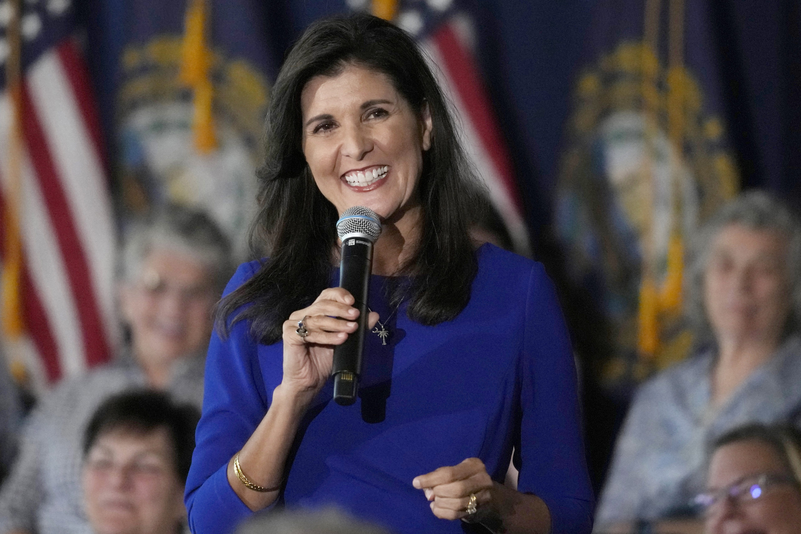 Republican presidential candidate Nikki Haley takes a question from the audience during a campaign gathering in Bedford, New Hampshire, on May 24.