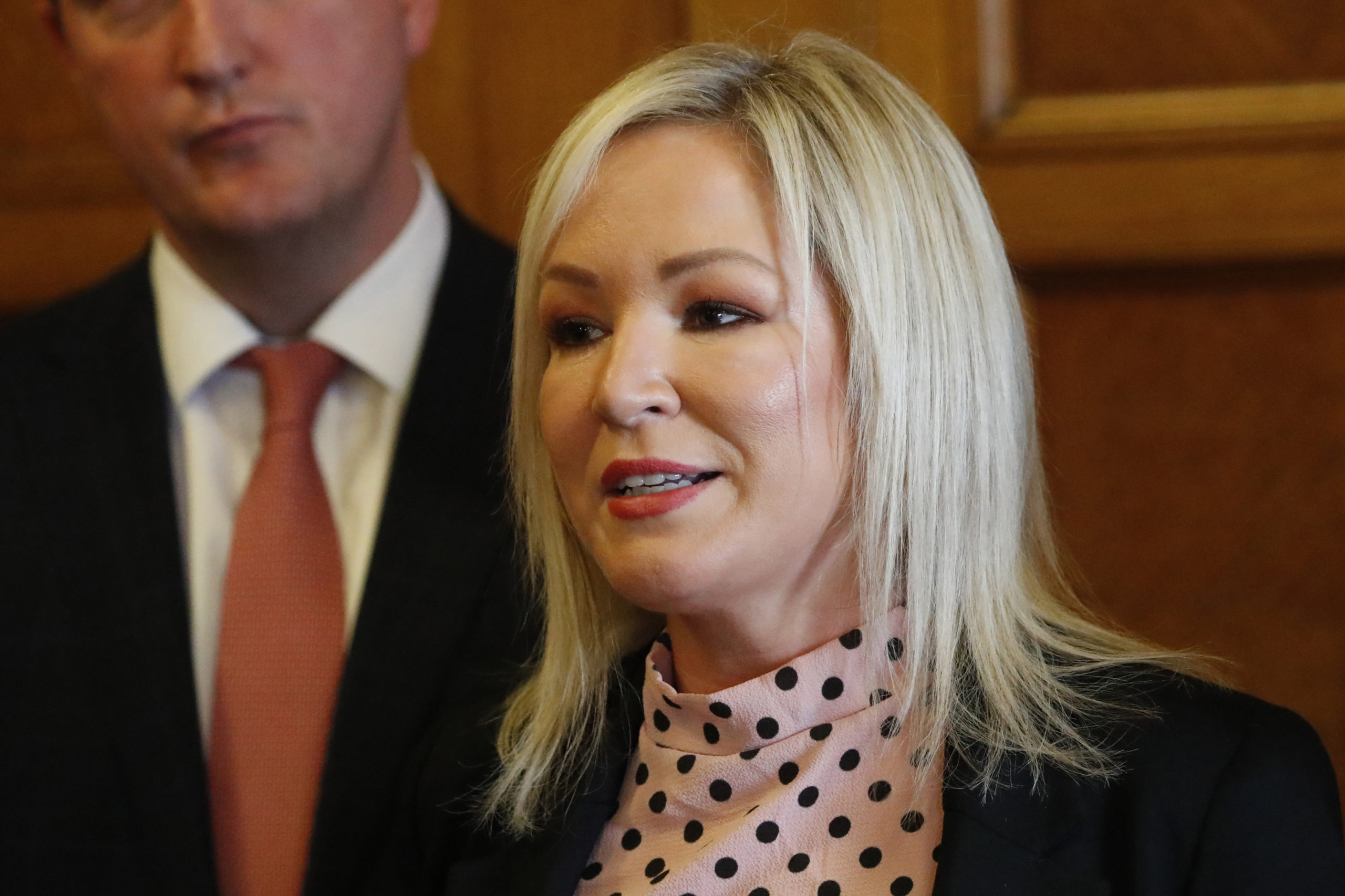 Sinn Fein deputy leader Michelle O'Neill speaks to the media at Parliament Buildings, Stormont, Belfast, on May 9, 2022.