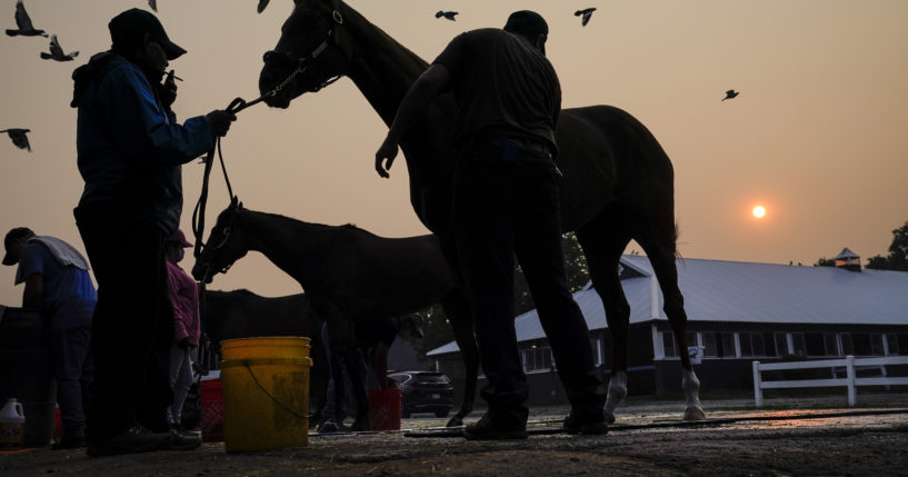 The sun is obscured by haze caused by northern wildfires as horses are bathed ahead of the Belmont Stakes horse race, Thursday, June 8, 2023, at Belmont Park in Elmont, N.Y. Training was cancelled for the day due to poor air quality.