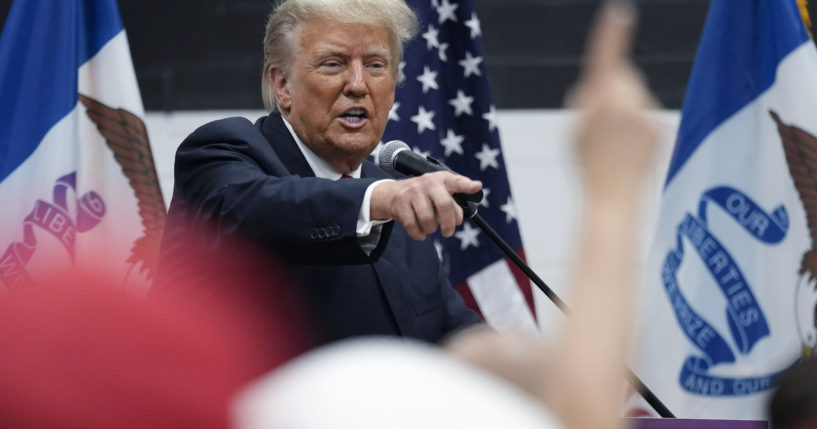 Former President Donald Trump visits with campaign volunteers at the Grimes Community Complex Park, Thursday, June 1, 2023, in Des Moines, Iowa.