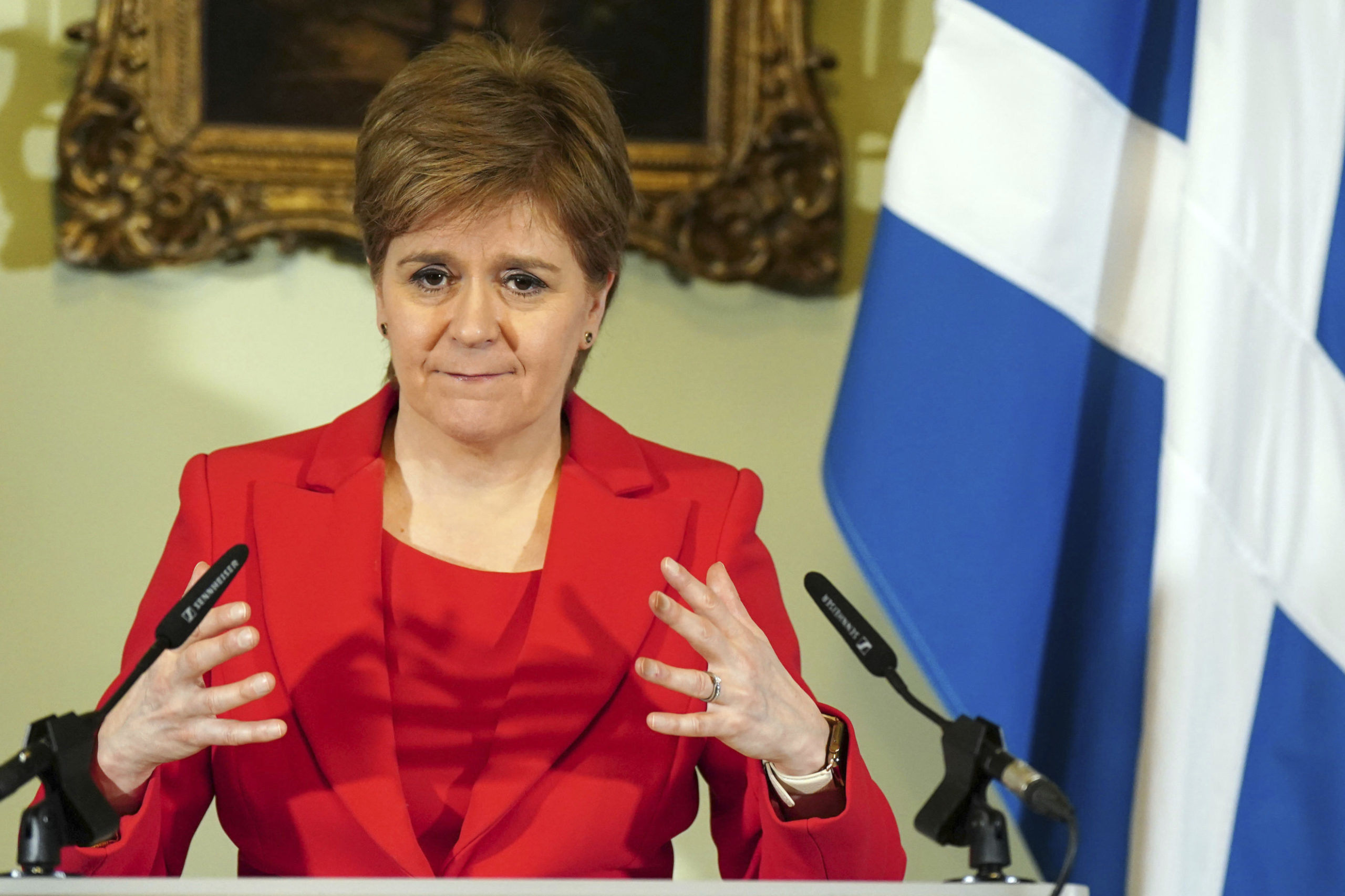 Nicola Sturgeon speaks during a news conference in Edinburgh, Scotland, on Feb. 15.