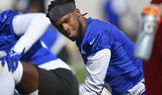 Buffalo Bills safety Damar Hamlin is seen practicing with his team during their training camp in Pittsford, New York, on July 30. He is scheduled to return to the field in Saturday's pre-season game against the Indianapolis Colts.