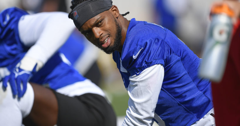 Buffalo Bills safety Damar Hamlin is seen practicing with his team during their training camp in Pittsford, New York, on July 30. He is scheduled to return to the field in Saturday's pre-season game against the Indianapolis Colts.