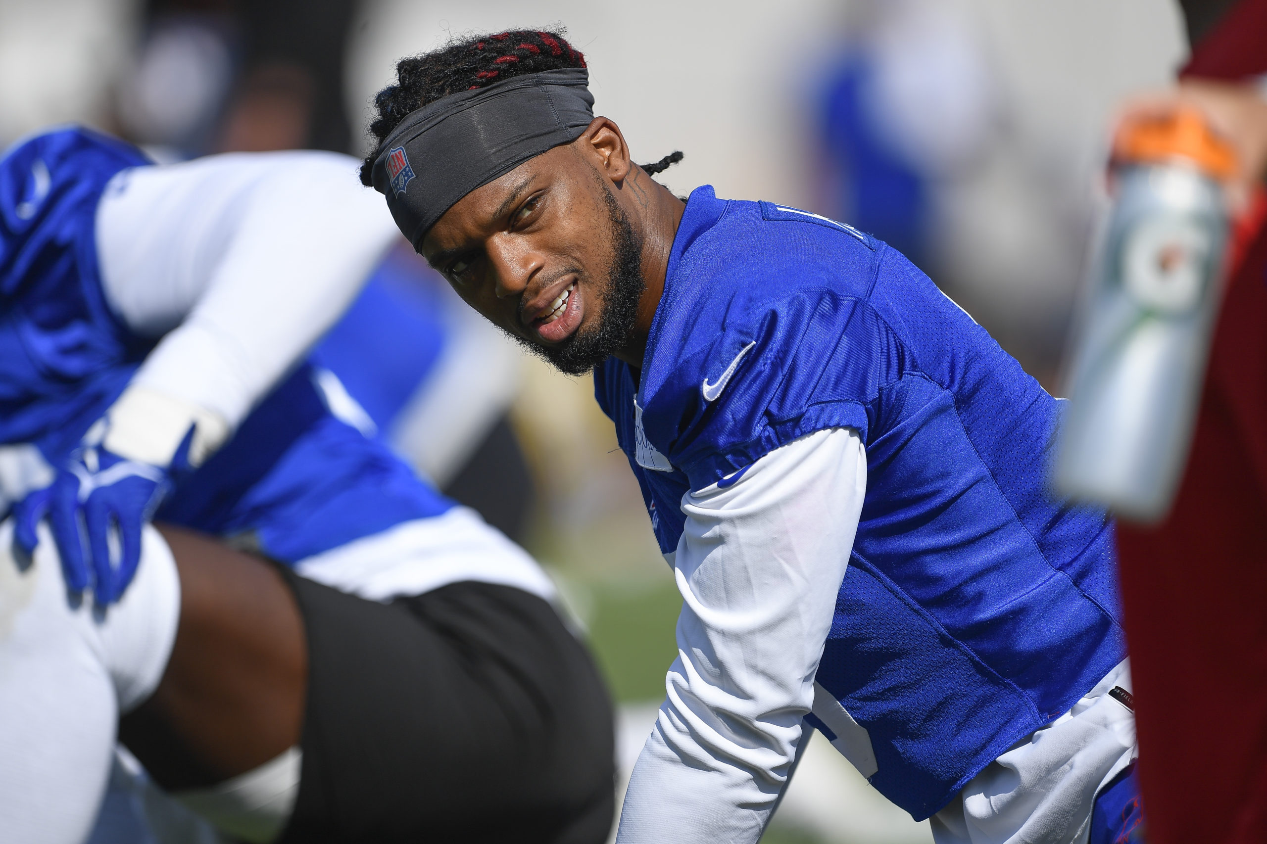 Buffalo Bills safety Damar Hamlin is seen practicing with his team during their training camp in Pittsford, New York, on July 30. He is scheduled to return to the field in Saturday's pre-season game against the Indianapolis Colts.