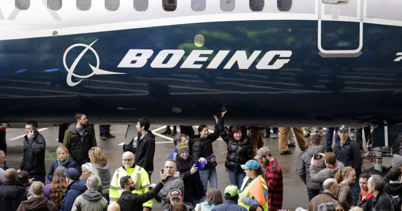 A Boeing 737 MAX 7 is displayed during a debut for employees and media of the new jet in Renton, Washington, on Feb. 5, 2018.