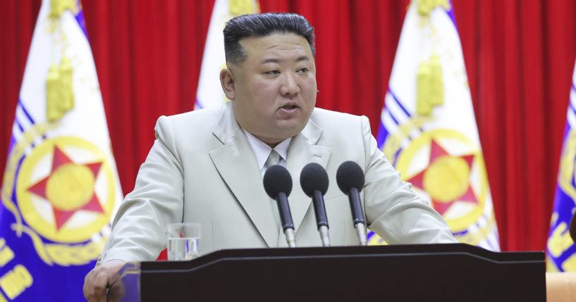 North Korean leader Kim Jong Un speaks at the Navy headquarters in North Korea on Sunday. The image cannot be independently verified.