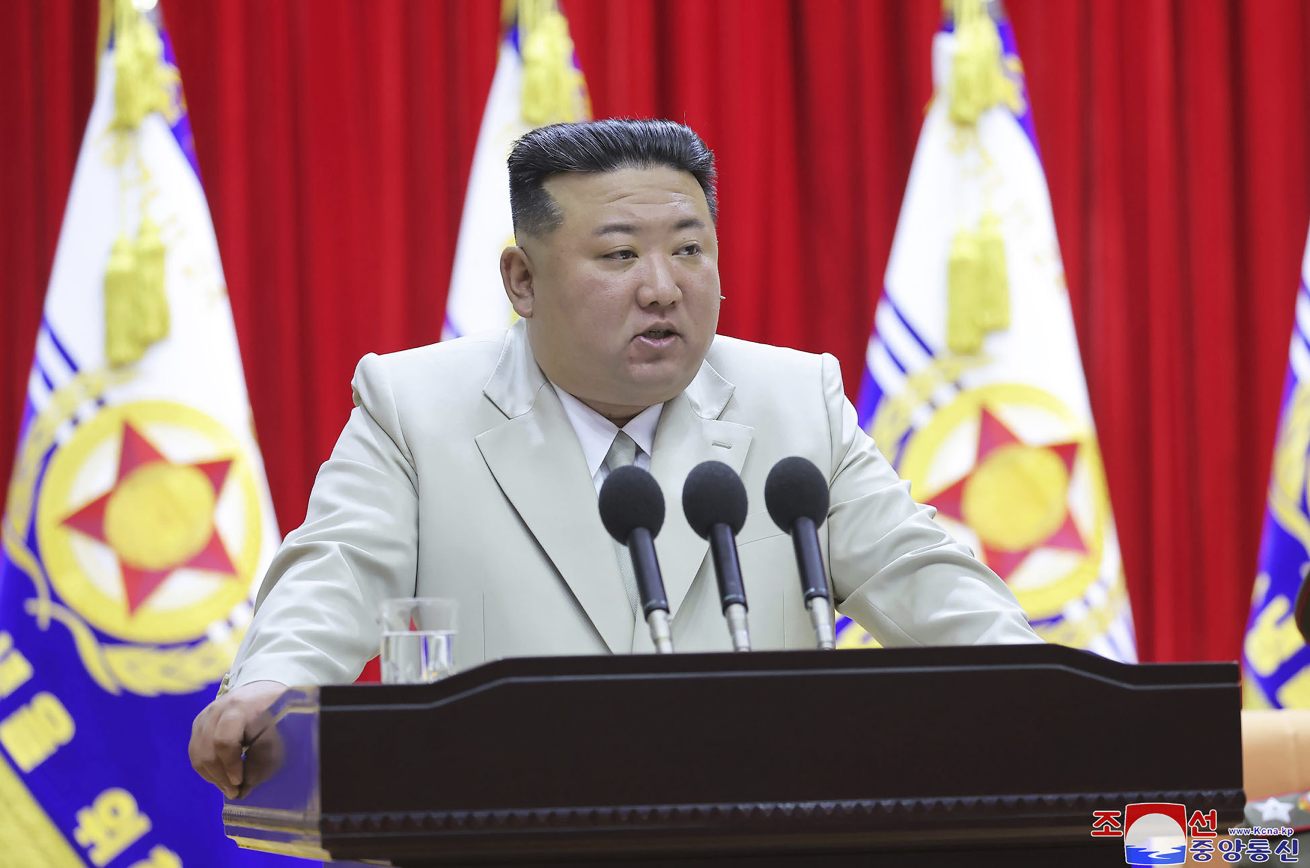 North Korean leader Kim Jong Un speaks at the Navy headquarters in North Korea on Sunday. The image cannot be independently verified.