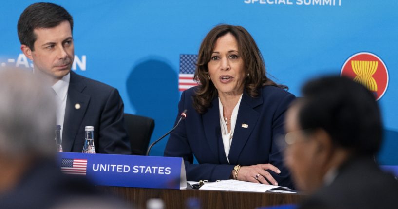 Vice President Kamala Harris, next to Transportation Secretary Pete Buttigieg, speaks at the State Department in Washington, D.C., during the US-ASEAN Summit on May 13, 2022. Harris is visiting Indonesia this week for the 2023 Association of Southeast Nations summit.