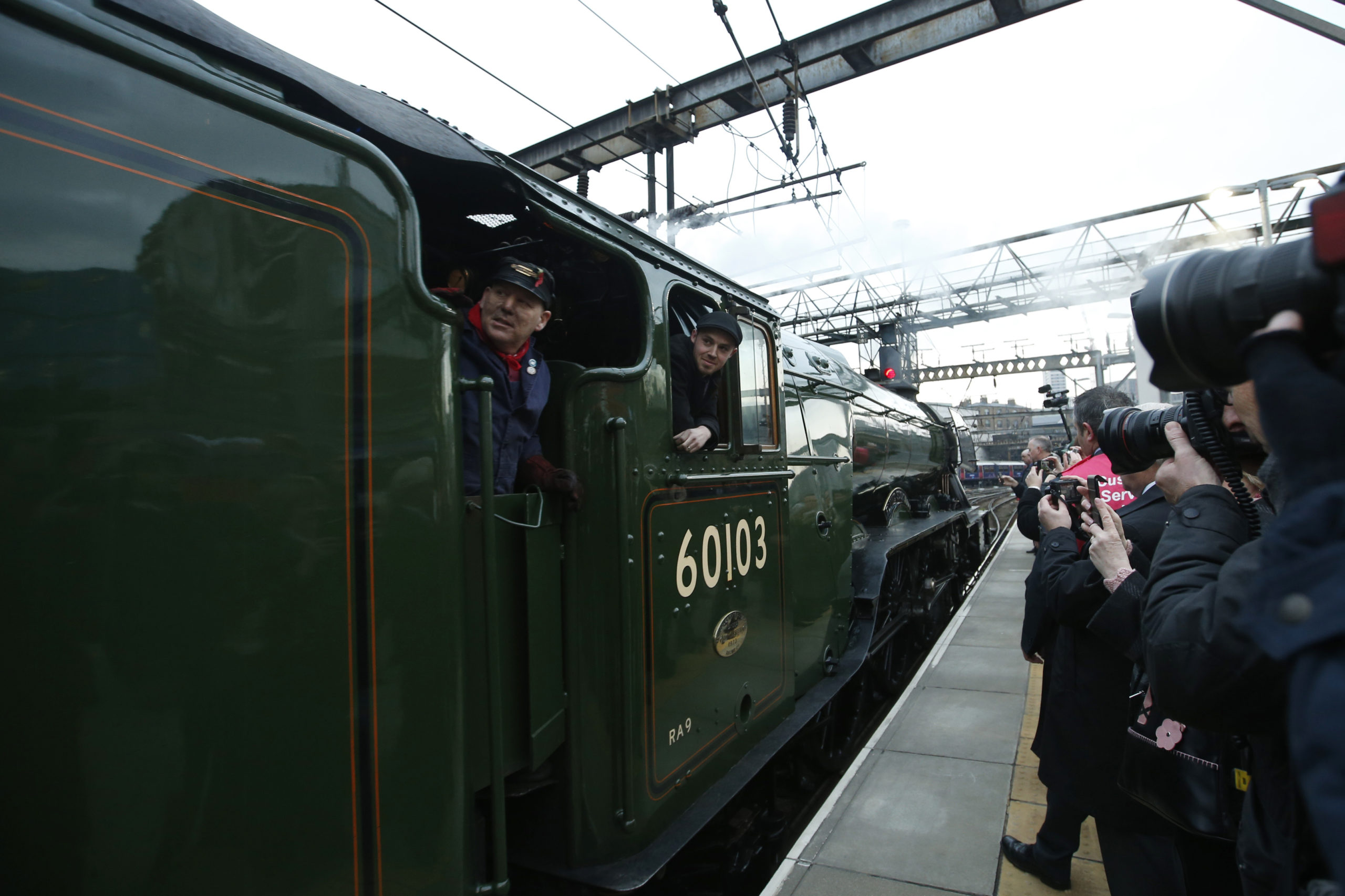 The Flying Scotsman, a historic locomotive, arrives at Kings Cross Railway Station in London to pick up passengers for its journey to York, England, in 2016. The locomotive was involved in a low-speed crash on Friday.