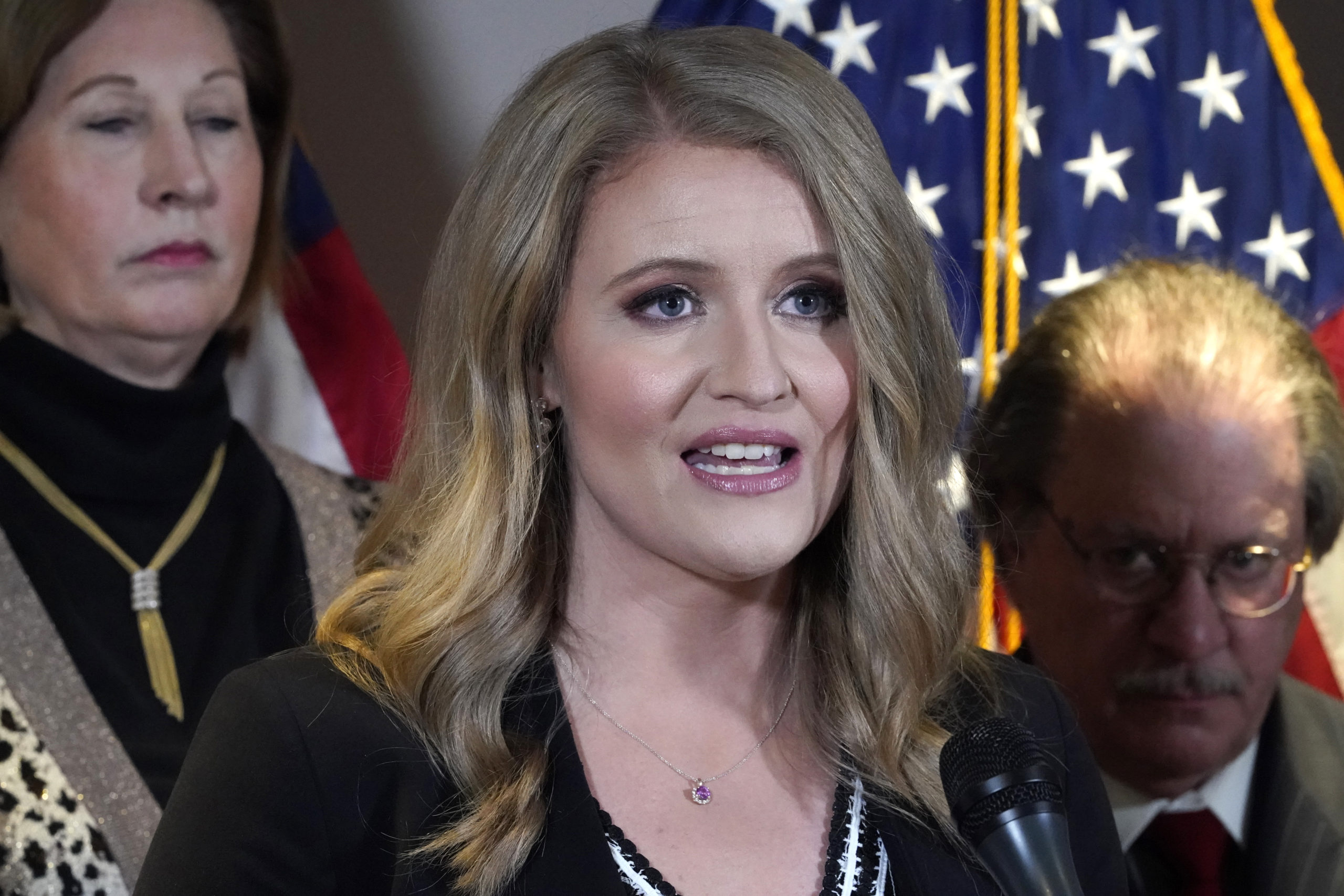 Jenna Ellis, then a member of then-President Donald Trump's legal team, speaks during a news conference in Washington, D.C., on Nov. 19, 2020. On Tuesday, Ellis took a plea deal in the Georgia election interference trial, where Trump is one of the defendants.