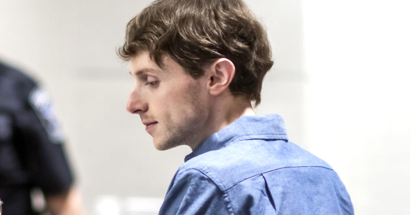 Logan Clegg talks with defense attorney Maya Dominguez at his trial at Merrimack County Superior Court in Concord, New Hampshire, on Oct. 3. On Monday, Clegg was found guilty of the murders of a retired couple in April 2022.