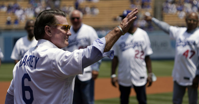 Steve Garvey, former Los Angeles Dodgers player, waves to fans before a game between the Dodgers and the Colorado Rockies in Los Angeles, California, on July 25, 2021. On Tuesday, Garvey announced he was running for a California Senate seat as a Republican.