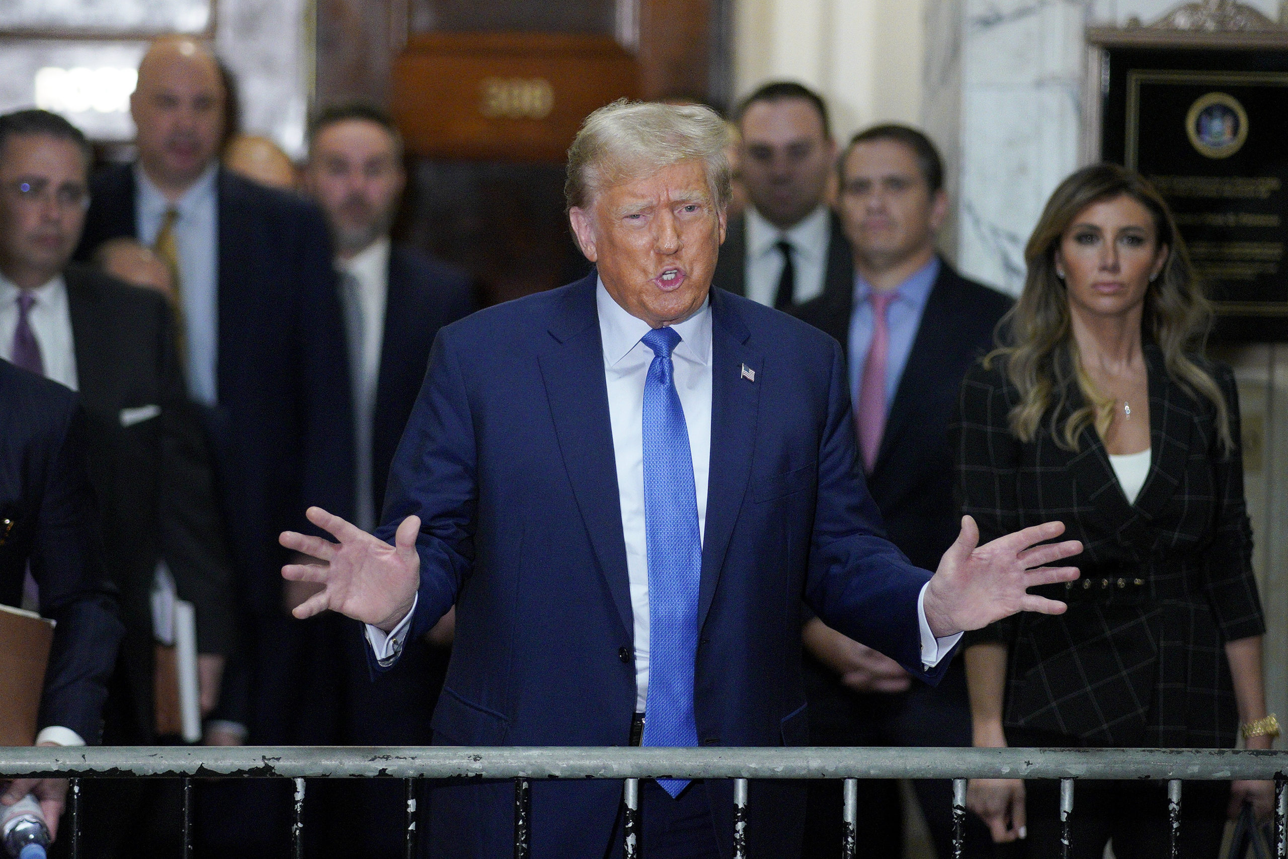 Former President Donald Trump speaks outside the courtroom after testifying in New York Supreme Court in Manhattan on Nov. 6.