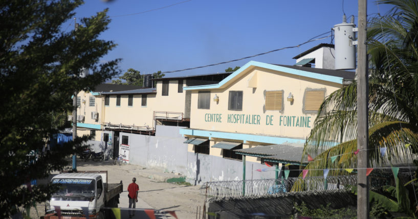 The entrance of the Fontaine Hospital Center in Cité Soleil area of the Port-au-Prince, Haiti, is pictured, On Wednesday, a gang entered the hospital and took hundreds of women, children, and newborns hostage.