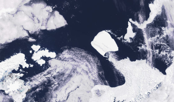 This images provided by Maxar Technologies shows the A23a iceberg moving through the sea near Antarctica on Nov. 15.