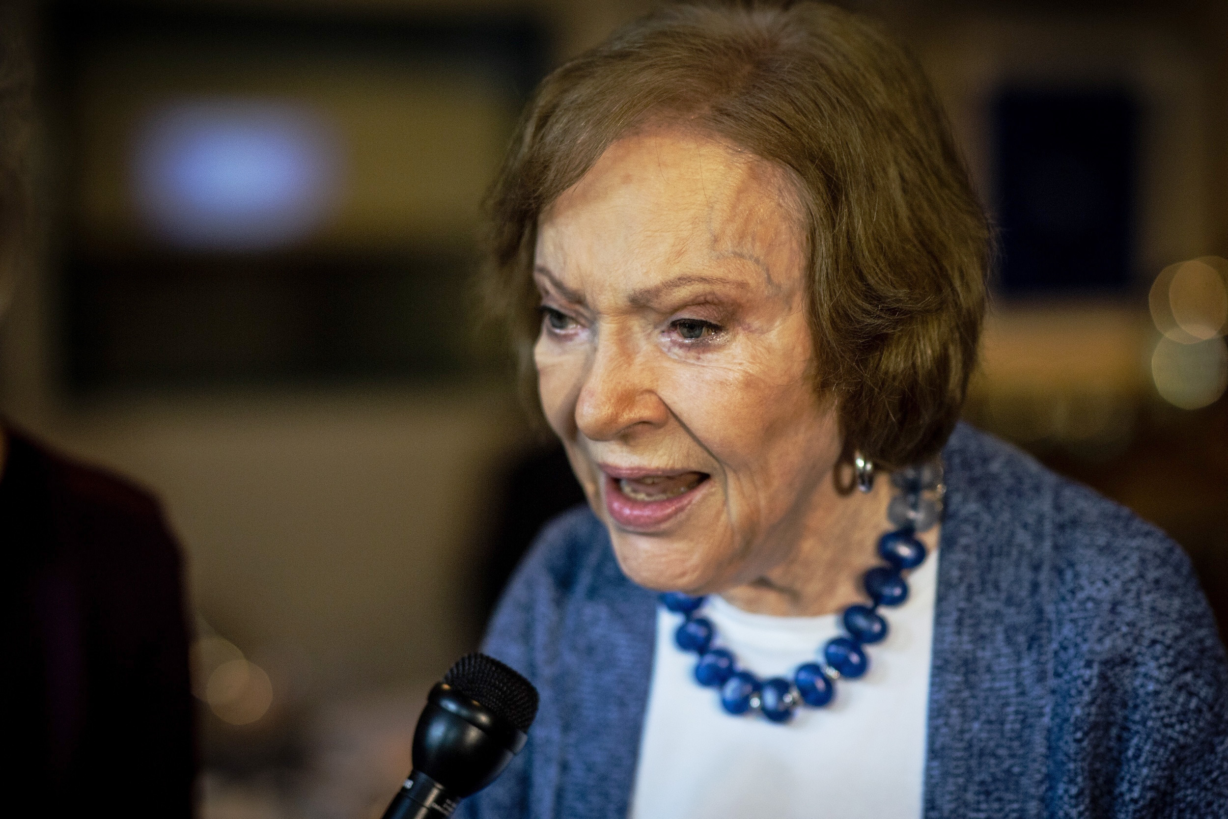 Former first lady Rosalynn Carter speaks to the media at The Carter Center in Atlanta on Nov. 5, 2019.