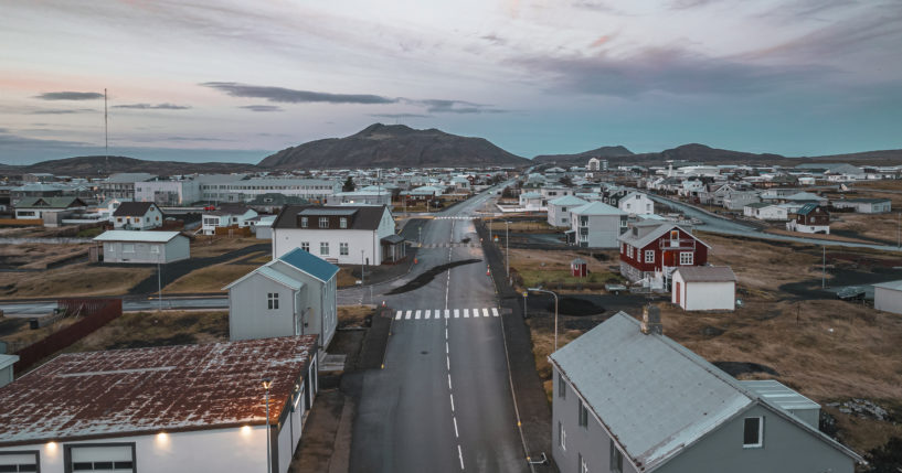 This image taken with a drone shows the town of Grindavik, Iceland, on Thursday. Residents of the fishing town have left their homes after increasing concern about a potential volcanic eruption.