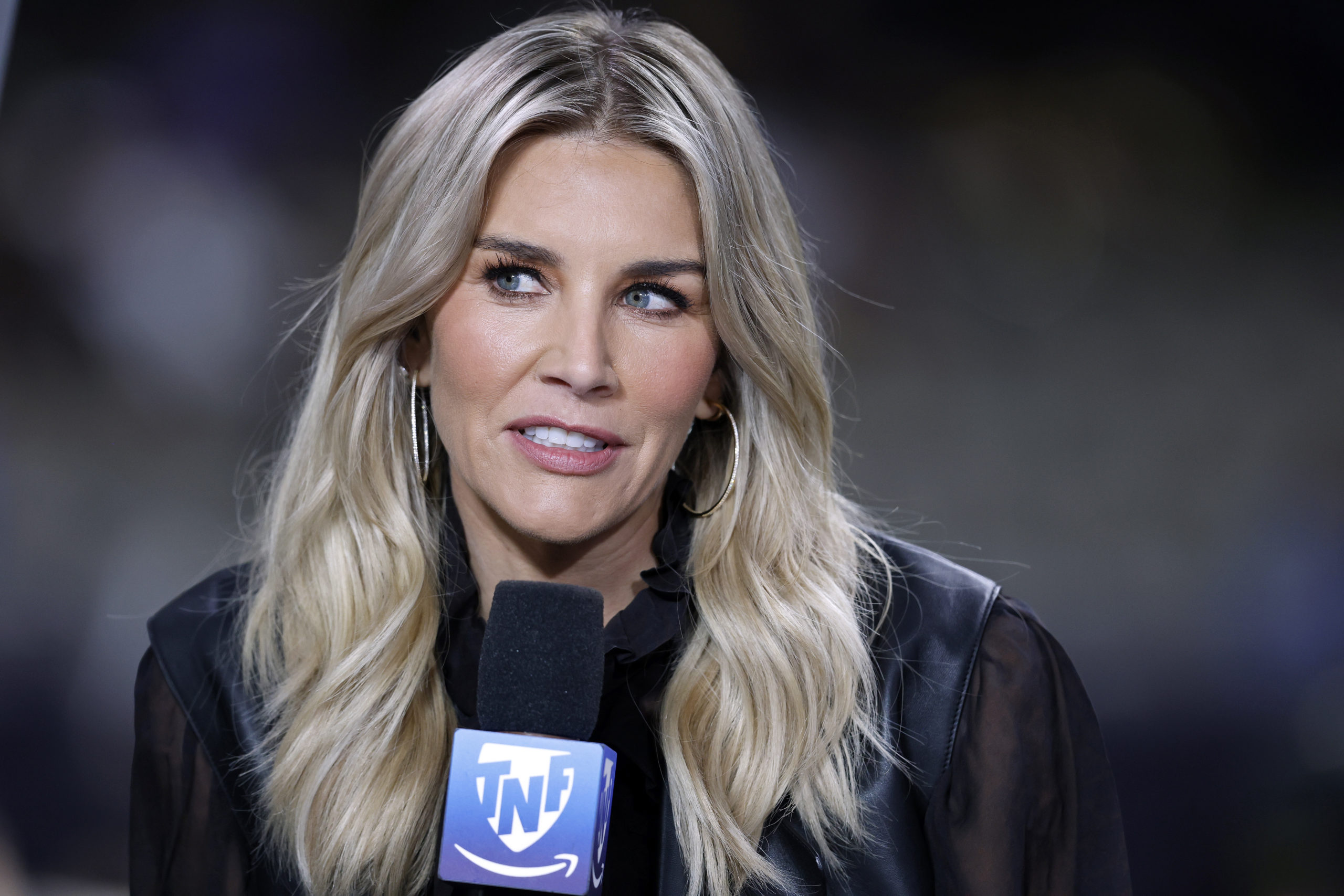 Amazon Prime "Thursday Night Football" commentator Charissa Thompson speaks before an NFL game between the New Orleans Saints and Jacksonville Jaguars on Oct. 19.