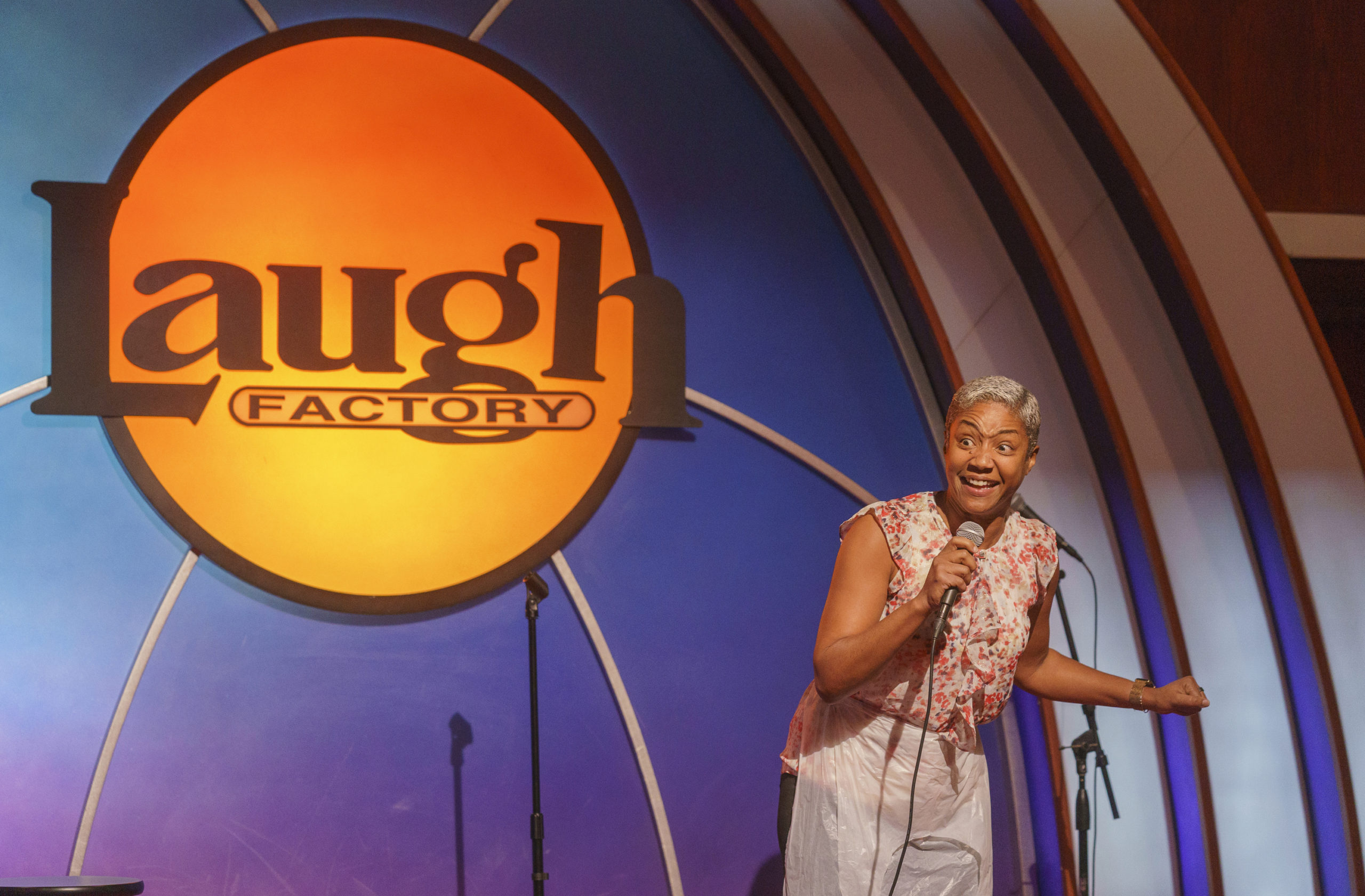 Stand-up comedian and actress Tiffany Haddish entertains guests at Laugh Factory Hollywood, during its free Thanksgiving Day meal Thursday in Los Angeles.