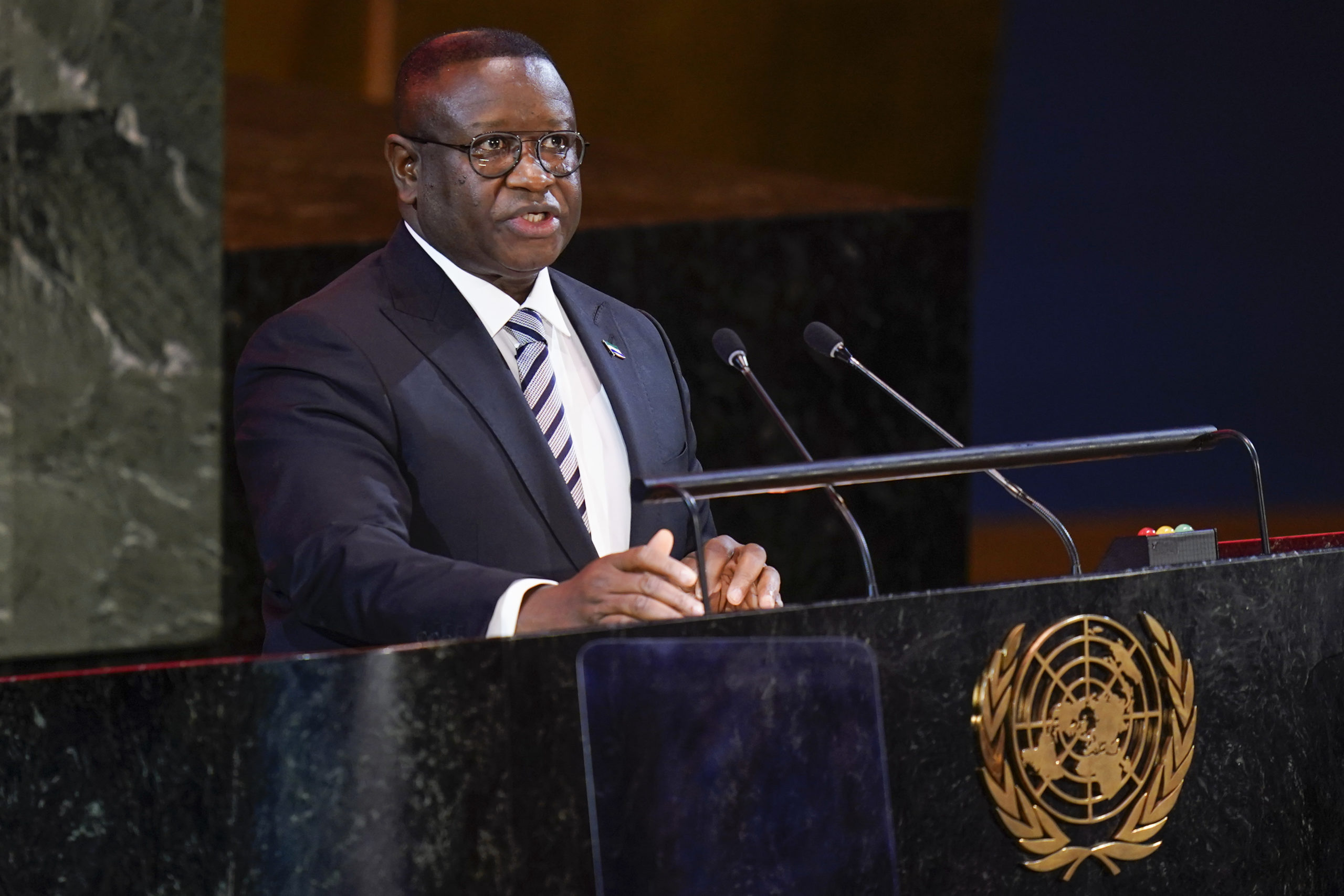 Julius Maada Bio, president of Sierra Leone, speaks at the start of the Transforming Education Summit at United Nations headquarters, Sept. 19, 2022. Bio declared a nationwide curfew after gunmen attacked the West African country's main military barracks in the capital of Freetown.