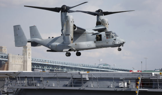 A Marines Osprey lands aboard the USS Somerset on Feb. 27, 2014, in Philadelphia.