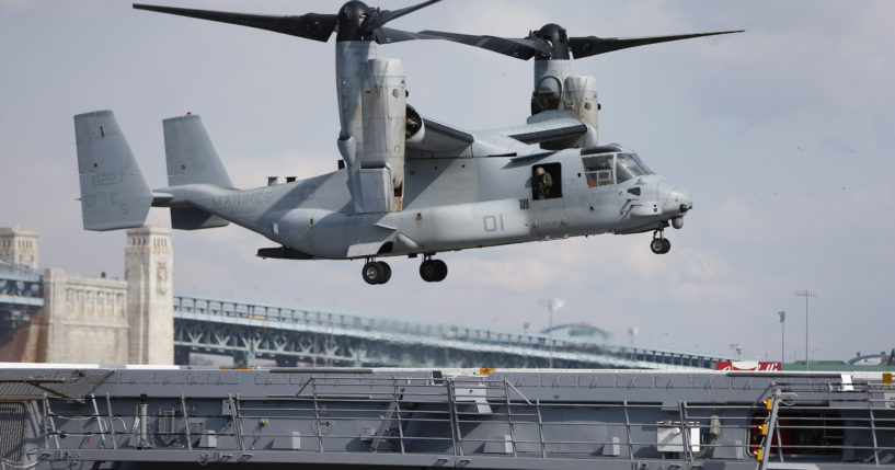 A Marines Osprey lands aboard the USS Somerset on Feb. 27, 2014, in Philadelphia.