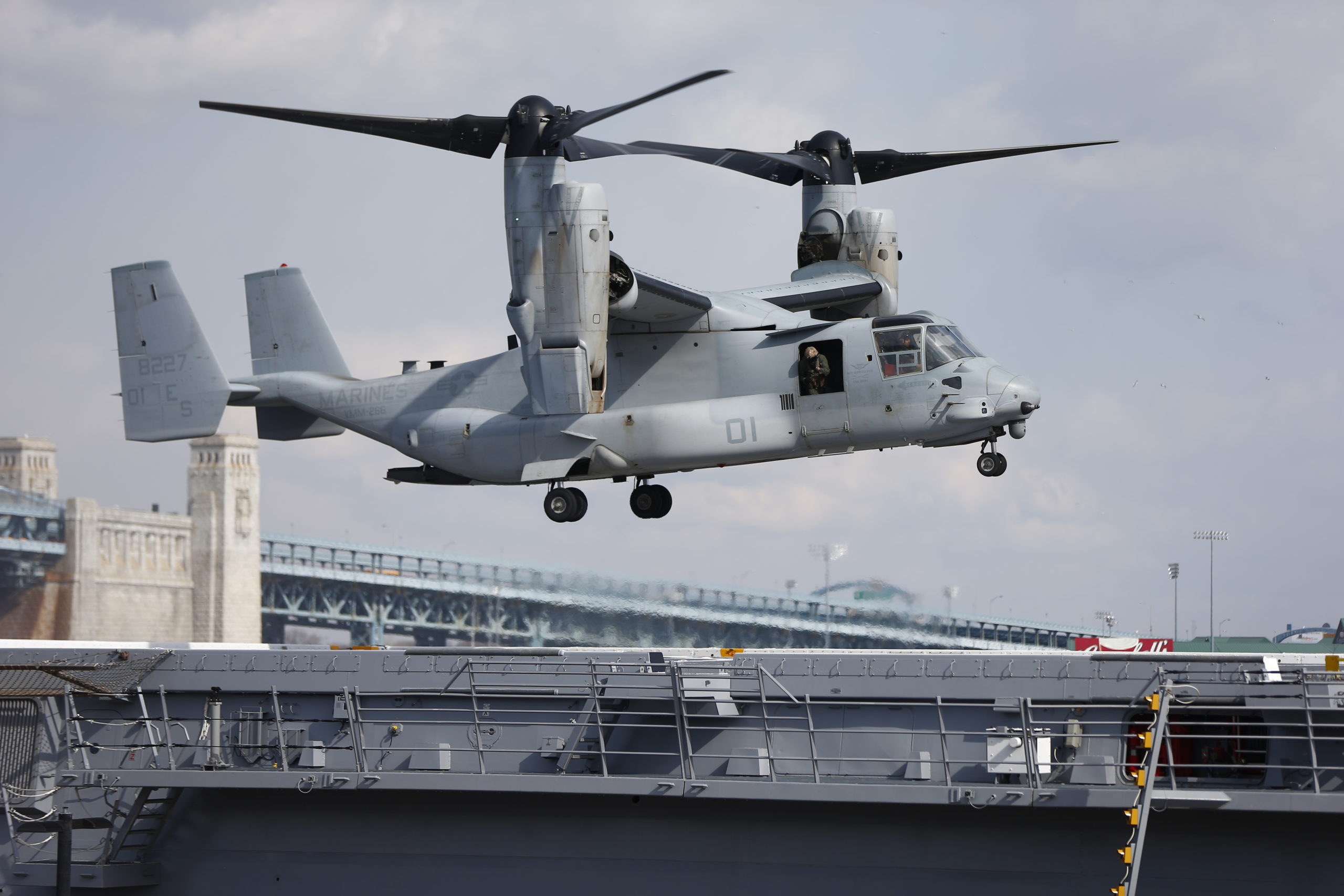 A Marines Osprey lands aboard the USS Somerset on Feb. 27, 2014, in Philadelphia.