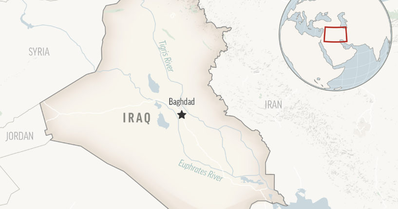 This locator map shows Baghdad, Iraq, on a map of the Middle East.