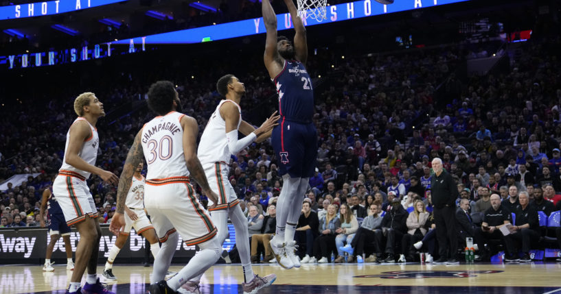 Philadelphia 76ers Joel Embiid dunks during Monday night's game against the San Antonio Spurs in Philadelphia.