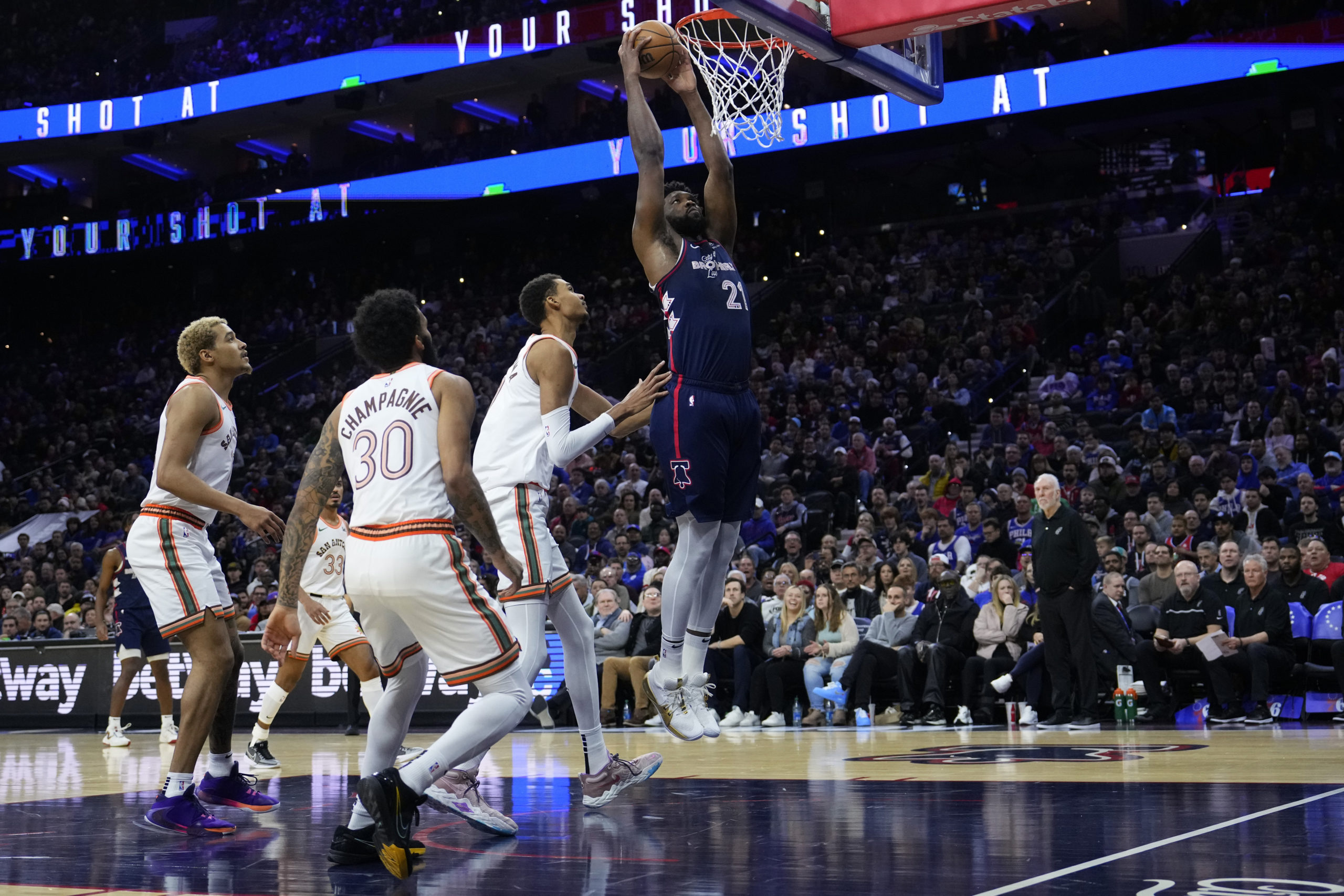 Philadelphia 76ers Joel Embiid dunks during Monday night's game against the San Antonio Spurs in Philadelphia.