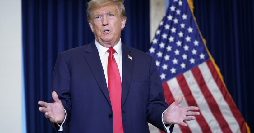 Former President Donald Trump speaks to the media at a Washington hotel Tuesday after attending a hearing before the D.C. Circuit Court of Appeals at the federal courthouse in Washington.