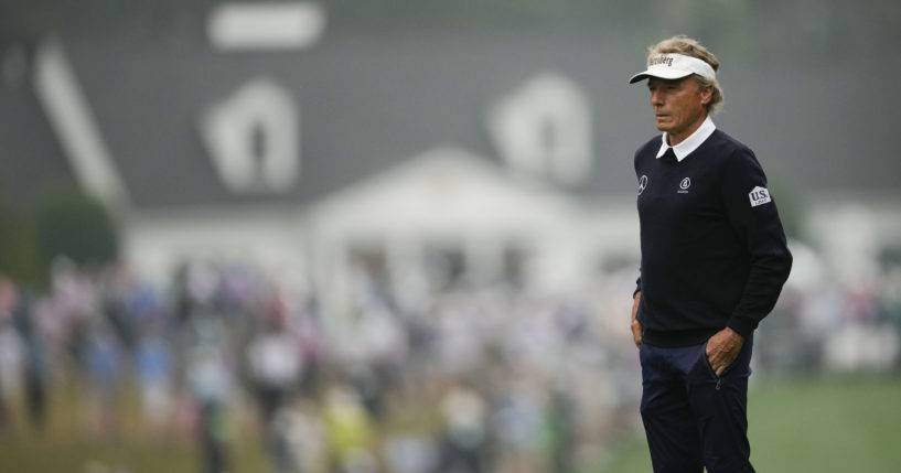 Bernhard Langer, of Germany, waits to hit on the first hole during the second round of the Masters golf tournament at Augusta National Golf Club on April 7, 2023, in Augusta, Georgia.