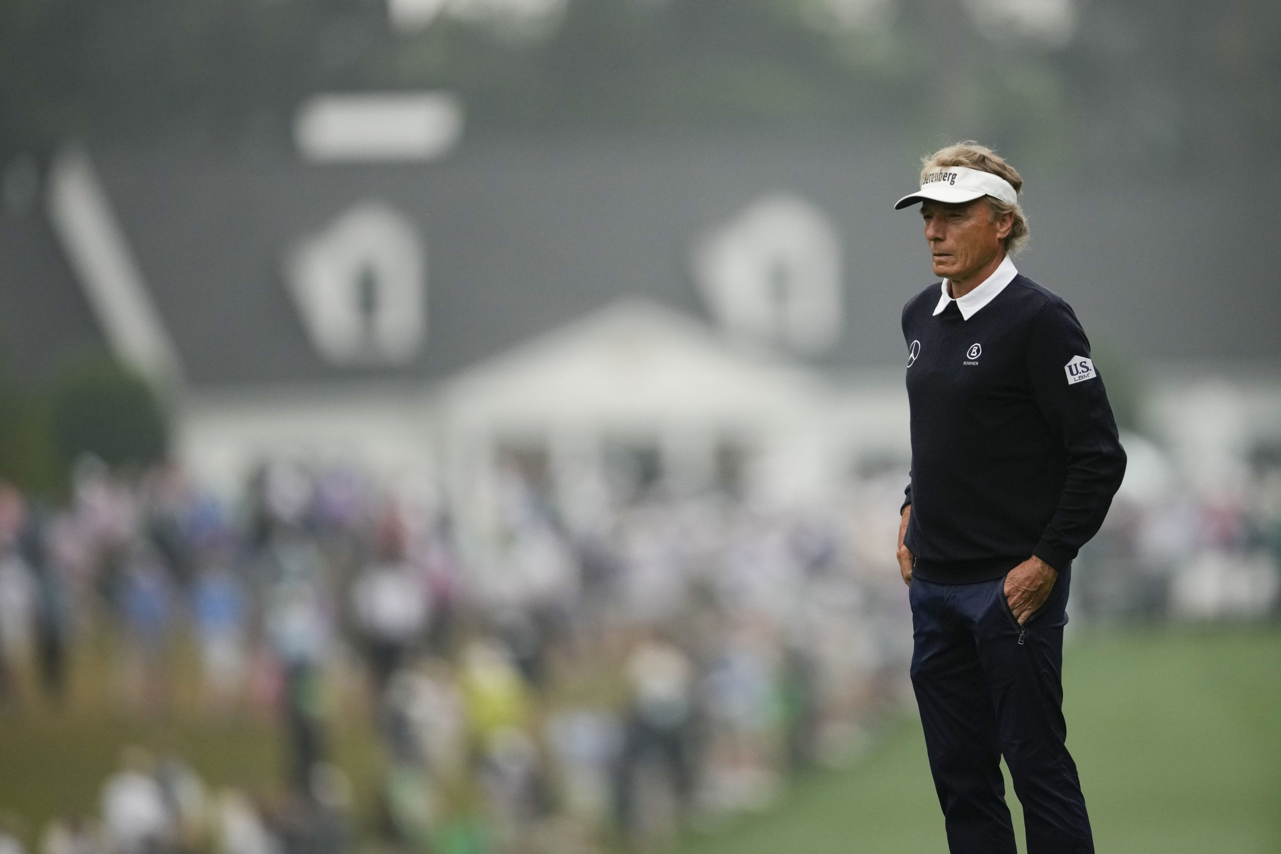 Bernhard Langer, of Germany, waits to hit on the first hole during the second round of the Masters golf tournament at Augusta National Golf Club on April 7, 2023, in Augusta, Georgia.