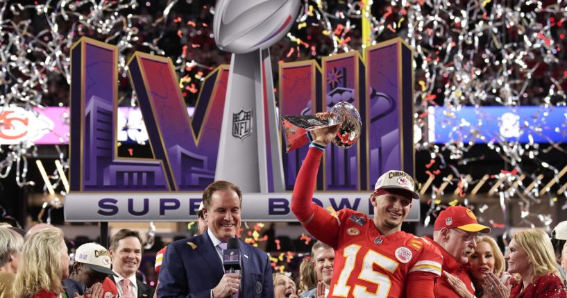 Kansas City Chiefs quarterback Patrick Mahomes, right, celebrates after winning Super Bowl LVIII over the San Francisco 49ers in Las Vegas, Nevada, on Sunday.