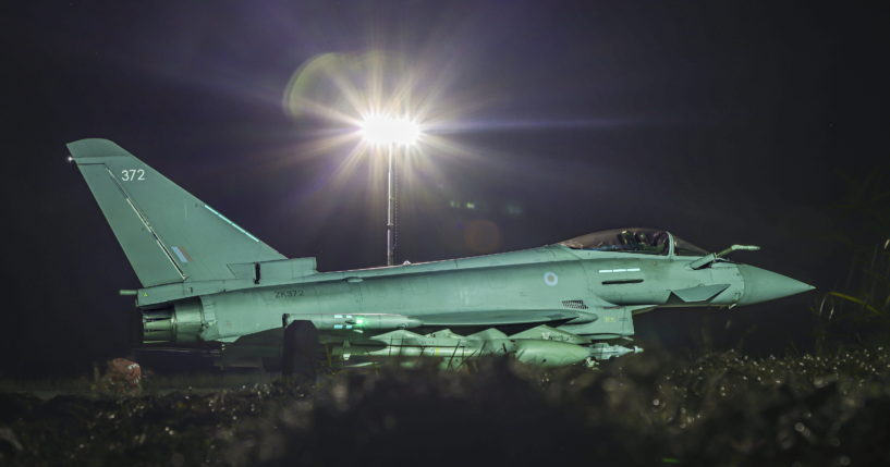 A RAF Typhoon FGR4 aircraft returns to a military base in the Middle East after carrying out a strike against Houthi targets in Yemen.