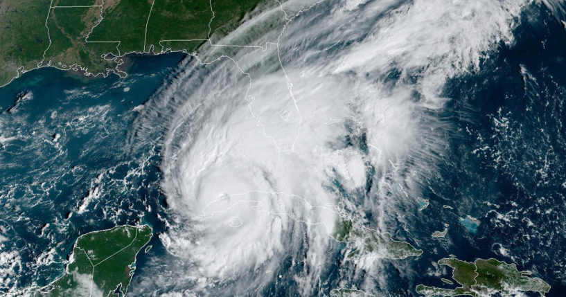 This GOES-East GeoColor satellite image taken at 9:56 a.m. EDT on Sept. 27, 2022, shows Hurricane Ian passing over western Cuba.