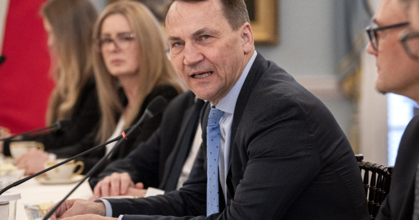 Polish Foreign Minister Radek Sikorski speaks while meeting with U.S. Secretary of State Antony Blinken, not pictured, on Feb. 26 at the State Department in Washington, D.C.