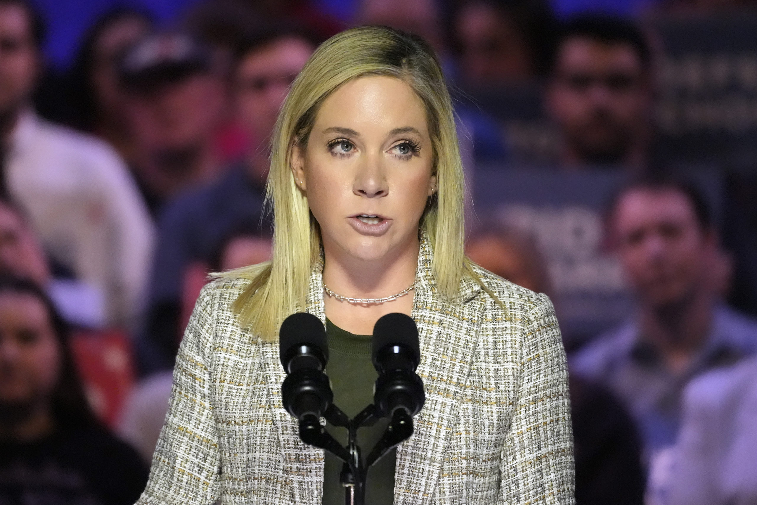 Amanda Zurawski introduces President Joe Biden to speak at an event on the campus of George Mason University in Manassas, Virginia, on Jan. 23 to campaign for abortion rights