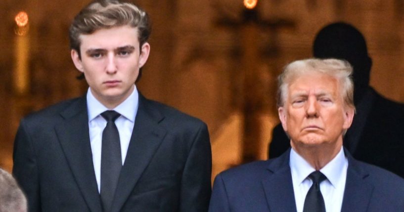 Barron Trump, left, and former President Donald Trump, right, attend the funeral for Amalija Knavs, the former first lady's mother, in Palm Beach, Florida, on Jan. 18.