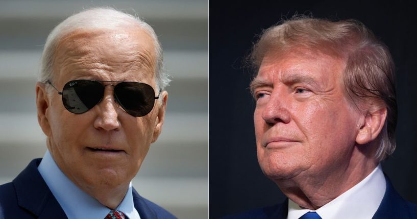 The first Decision Desk HQ prediction for the 2024 president election favors former President Donald Trump, right, predicting he will defeat President Joe Biden, left, even in 5 of 6 highly contested toss-up states.