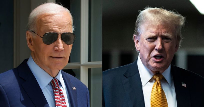 Bettors on the Polymarket prediction platform strongly believe former President Donald Trump, right, will be convicted in his so-called hush money trial, but they also strongly believe Trump will prevail over President Joe Biden, left, in the November presidential election.