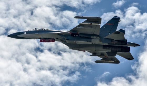 A fighter jet attached to an aviation brigade with the air force under the Chinese People's Liberation Army Eastern Theater Command takes off for an air battle training exercise in early May.