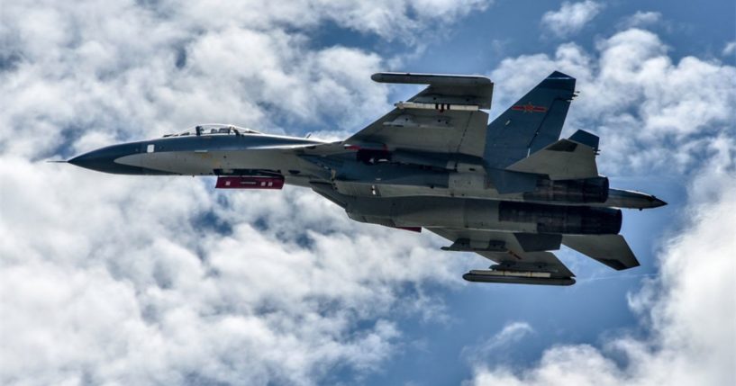 A fighter jet attached to an aviation brigade with the air force under the Chinese People's Liberation Army Eastern Theater Command takes off for an air battle training exercise in early May.