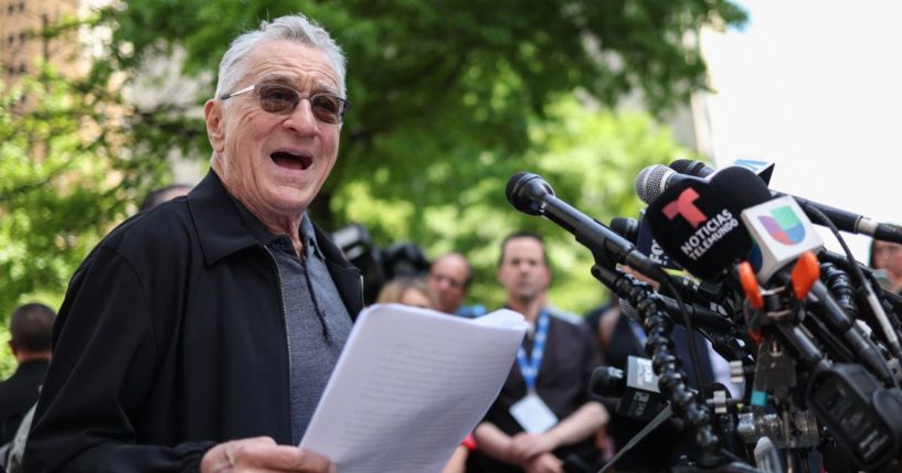 Actor Robert De Niro speaks in support of President Joe Biden during a news conference set up outside of Manhattan Criminal Court, where Republican presidential candidate and former President Donald Trump is on trial, in New York City on Tuesday.