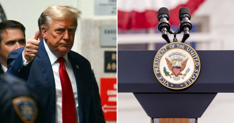 Donald Trump giving a thumbs up and the vice presidential seal