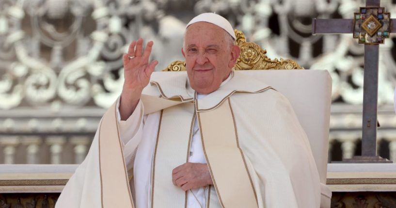 Pope Francis attends a Mass in St .Peter’s Square in Vatican City on Sunday.