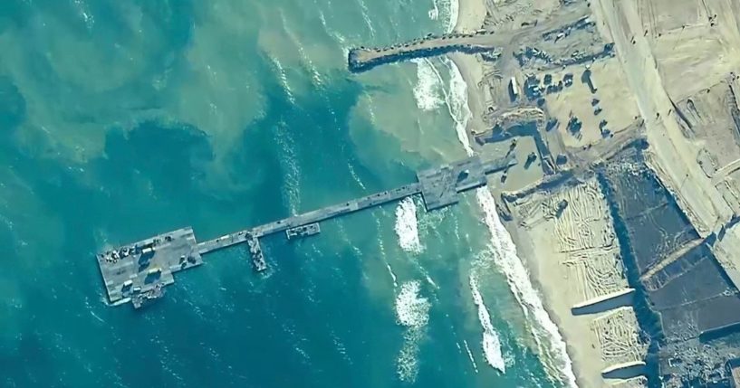 an aerial view of the Trident Pier on the coast of Gaza Strip