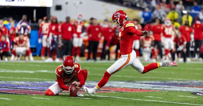 Kansas City Chiefs kicker Harrison Butker kicks a field goal against the San Francisco 49ers during Super Bowl LVIII in Las Vegas, Nevada, on Feb. 11.