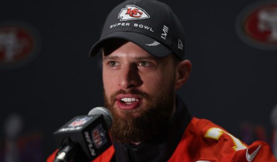 Harrison Butker of the Kansas City Chiefs speaks to the media during Kansas City Chiefs media availability ahead of Super Bowl LVIII in Henderson, Nevada, on Feb. 8.